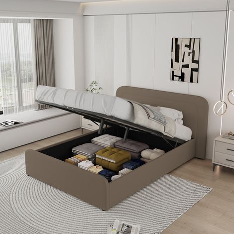 Lit avec coffre de rangement 140x190cm en velours marron BOISE (1/5)