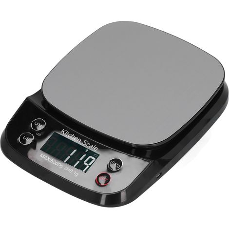 Balance de cuisine numérique rechargeable en acier inoxydable, pour peser les aliments (noir, 5 kg / 0,1 g).