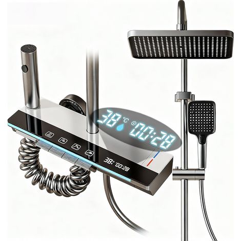Colonne de Douche avec Affichage Digital LED, Système de Douche 4 en 1, Pommeau Pluie XL + Douchette Main + Jet et Robinet Cascade, Éclairage Ambiant Bleu Hauteur Réglable Titane Blanc (1/5)