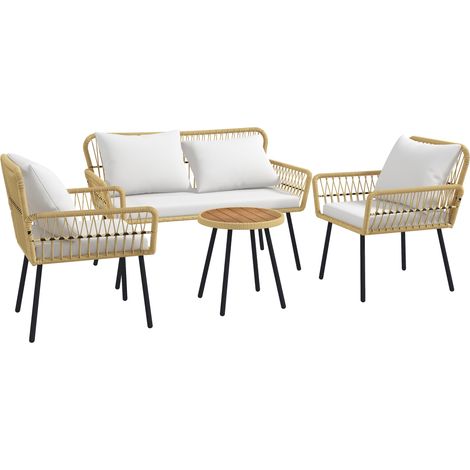 Outdoor-Wohnzimmergarnitur, 4-teilig: 2-Sitzer-Sofa, 2 Sessel mit 7 Kissen, 1 runder Couchtisch, Kunstharz
