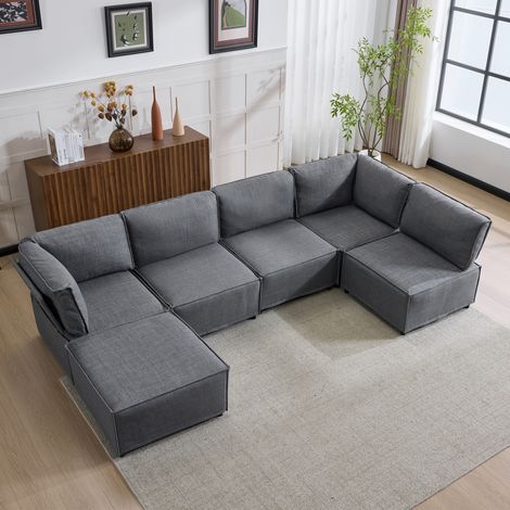 Divano modulare angolare in lino grigio scuro convertibile in letto 308x152x77 cm OKWISH (1/5)