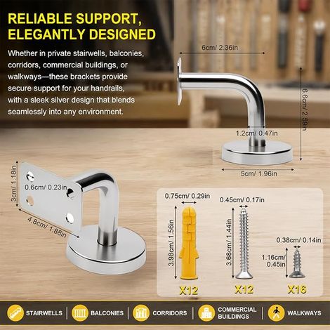 Set of Stainless Steel Handrail Brackets - 60 x 60 mm, Wall Mounted for Square or Rectangular Handrail in Wood or Stainless Steel, Indoor/Outdoor Stairs (1/4)