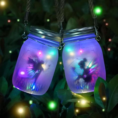 Lot de 2 lanternes solaires pour extérieur, fée de papillon dans un bocal Mason, lampe de jardin solaire LED étanche à suspendre (couleur)