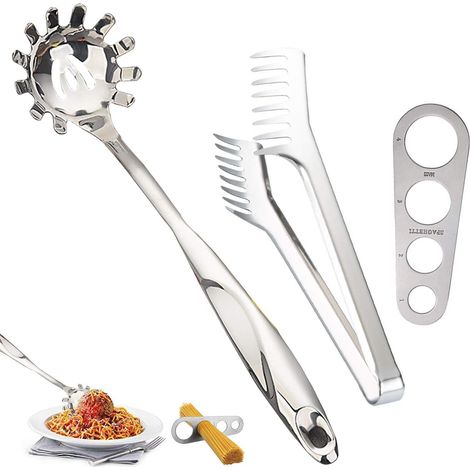 Lot de 3 Ustensiles à pâtes, Pince en acier inoxydable, Cuillère serveuse, Outil mesure portions, Cuisine (1/5)