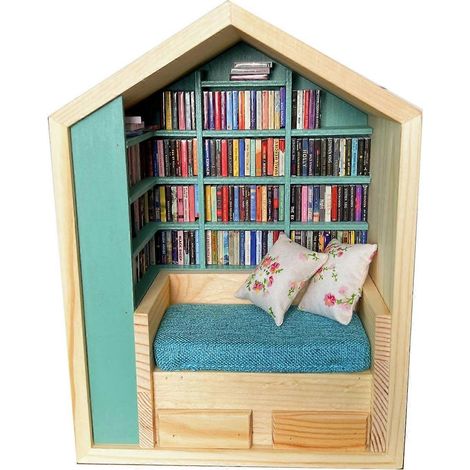 Angst-Bücherregal, Miniatur-Ausstellungsregal aus Holz, Dekoration mit 2 Kissen, 200 Buchmodelle für Wohnzwecke