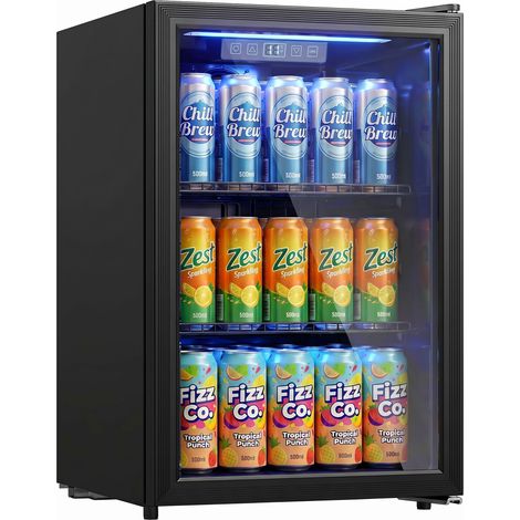 HOMCOM frigorífico de bebidas 70 L, mini nevera con puerta de vidrio doble, iluminación LED, 2 estantes ajustables, 2-18℃, para 70 latas