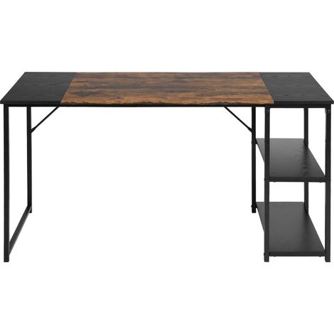 FurnitureR Poste de travail informatique, bureau avec 2 niveaux de rangement pratiques, grande table de travail, brun et noir rétro, 140 x 60 x 74 cm (1/5)