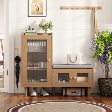 Mobile per scarpe con panca imbottita, mobile d'ingresso con ante in vetro e piedi dorati, panca per scarpe con ripiani regolabili, contenitore per scarpe per ingresso, corridoio e vestibolo, naturale