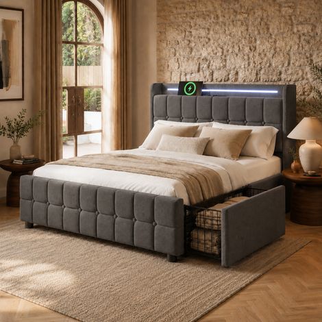 Lit capitonné avec tête de lit à fonction de charge USB, éclairage LED et 4 tiroirs, lit double de rangement 160x200cm, sommier à lattes en bois, gris (sans matelas) (1/5)
