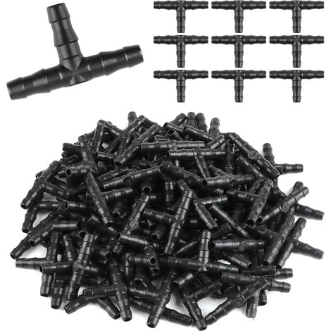 200 raccords cannelés universels en T 1/4" pour irrigation goutte à goutte, connecteurs cannelés 1/4" pour système d'arrosage goutte à goutte avec tube de 4 mm/7 mm (1/4)