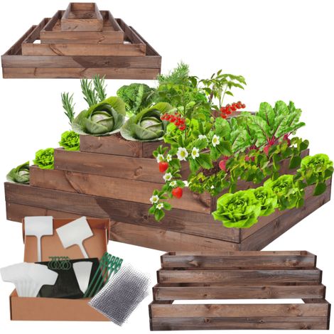 MODO24 ZP09 Carré potager surélevé en escalier modulable, bois de pin, herbes/légumes, jardin/terrasse/balcon, 45x117x120 cm, marron