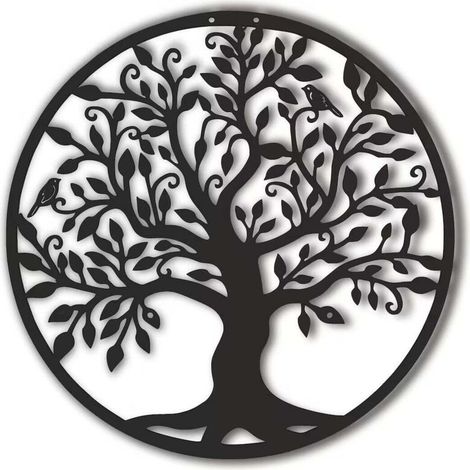 Schwarze Metall-Lebensbaum-Wanddekoration für Wohnzimmer, Flur, Treppenhaus, Außenbereich (30 cm)