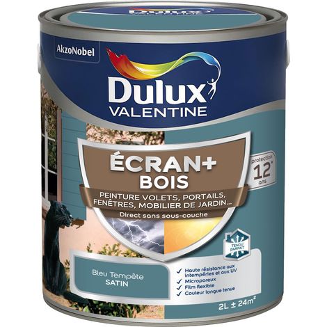 ECRAN+ BOIS - Peinture satinée pour bois extérieur - Volets, portes, fenêtres, portails - Bleu Tempête 2 L - Dulux Valentine