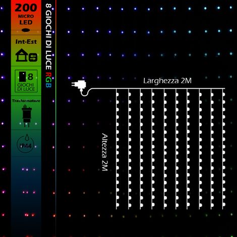 Wisdom tenda luminosa 2x2 metri con 200 micro led Rgb di Natale con cavo trasparente 8 giochi di luce IP44  per uso esterno e interno  RGB 2x2 metri - 200 Microled (1/5)