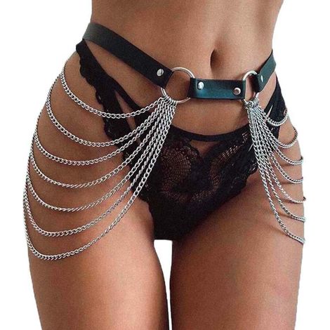 Ceinture punk noire à chaînes de taille, en cuir superposé, bijoux de corps style rave pour femmes et filles (noir) (1/5)