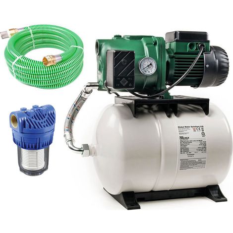 DAB Aquajet 82/20 M mit Ansaugschlauch 7 Meter und Vorfilter - Hauswasserwerk - 3.600 L/Std. - 840W - Förderhöhe 47 m - Bewässerungspumpe