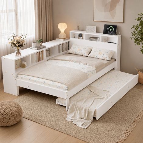 Letto estraibile 120/200 cm bianco in legno con letto ospite 90/190 cm, scaffale laterale e testiera con ricarica (1/5)