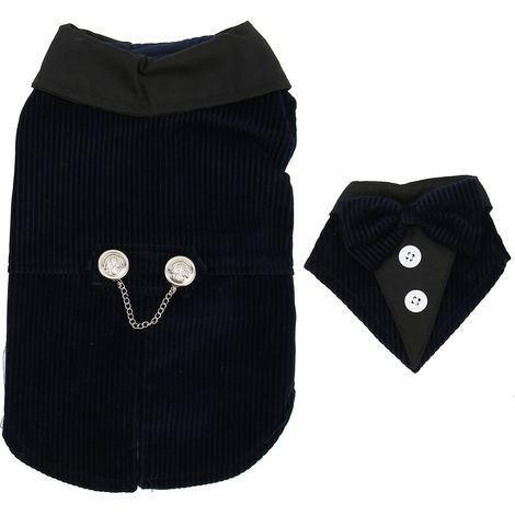 1 costume de chien, smoking bleu marine en velours côtelé, nœud papillon amovible, pour chiens de petite et moyenne taille (1/5)