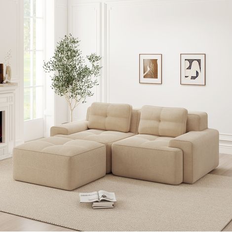 REDOM - Divano modulare, seduta profonda, schienale curvo, tessuto in velluto a coste, beige (1/5)