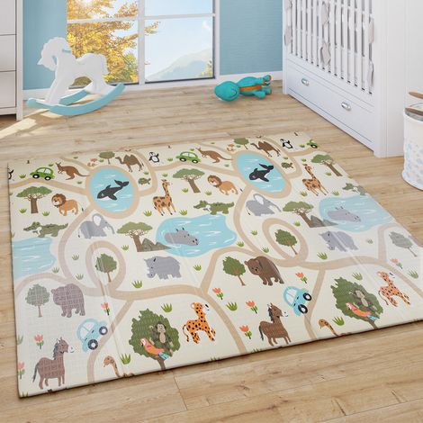 Paco Home Spielmatte Krabbelmatte Faltbar Wendbar Abwischbar Tier Motiv Weltkarte Grau Beige 180x200 cm