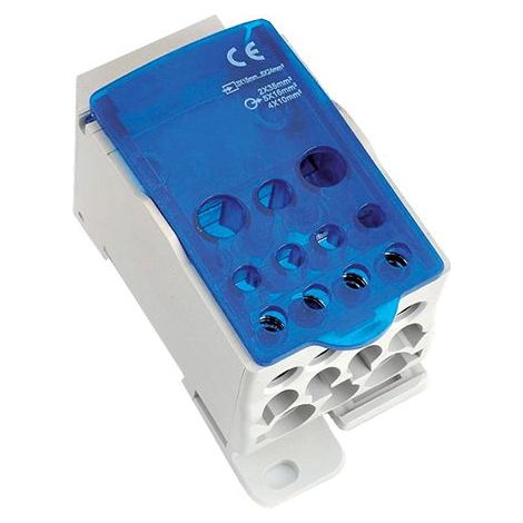 Bloc distribution alu cuivre 85A bleu - 1 entrée 16mm² - 6 sorties 2,5 à 16mm²