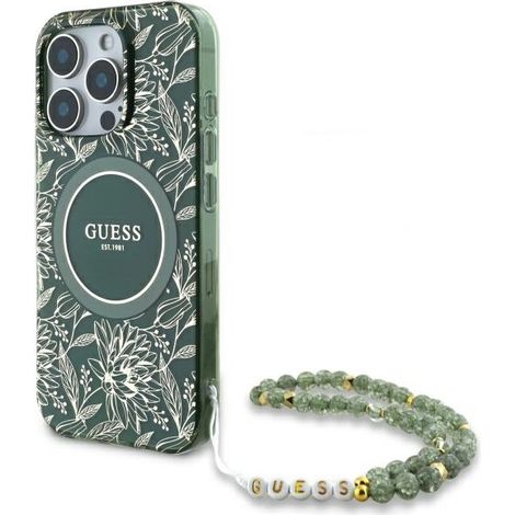 Funda rígida Guess GUHMP16XHCPOFPA para iPhone 16 Pro Max de 6,9 pulgadas, color verde/verde, con diseño IML Flowers Allover Electro y correa de perlas MagSafe. (1/5)