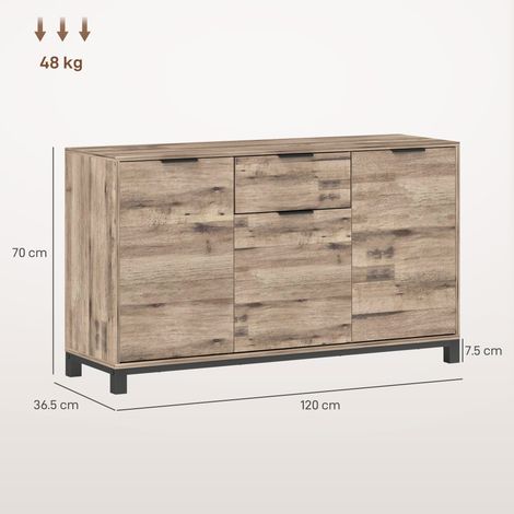Buffet industriel avec tiroirs et trois placards, bois brun, 120 x 36,5 x 70 cm (1/5)