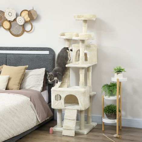 Katzenkratzbaum, 153 cm hoch, mit 2 Höhlen, 3 Liegeflächen, 2 Rampen, Sisalstämmen und Hängemäusen, cremefarben (1/5)
