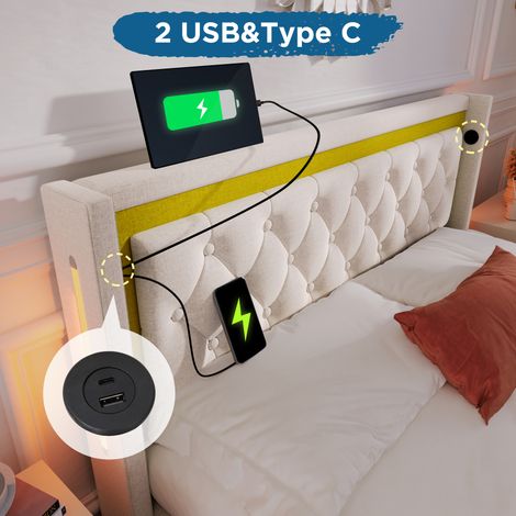 Lit rembourré LED double 140×200cm coton,rangements,charge USB Type-C,tête rembourrée,cadre à lattes,lit pour jeunes avec matelas inclus