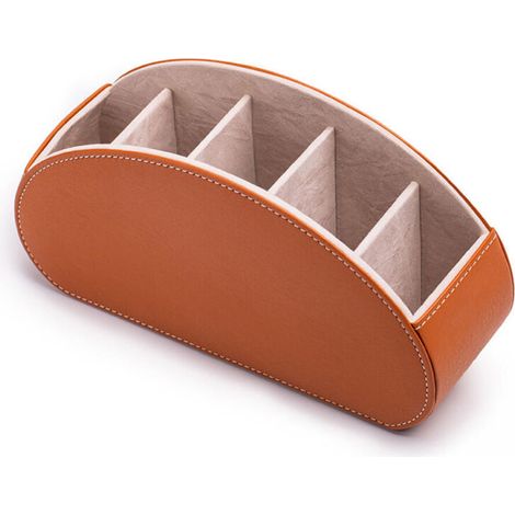 Scatola porta telecomandi TV a 5 scomparti (marrone). Organizer da scrivania multifunzionale in similpelle. Porta pennelli, matite e occhiali. (1/4)