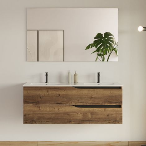 Meuble de salle de bain 120cm avec plan double vasque - 2 tiroirs - tabaco (chêne foncé) - LUNA (1/5)