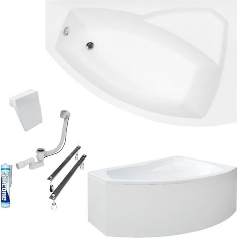 ECOLAM Baignoire d'angle Rima 150x95 cm  version droite  tablier acrylique  appuie-tête  pieds siphon + silicone  Set complet (1/5)