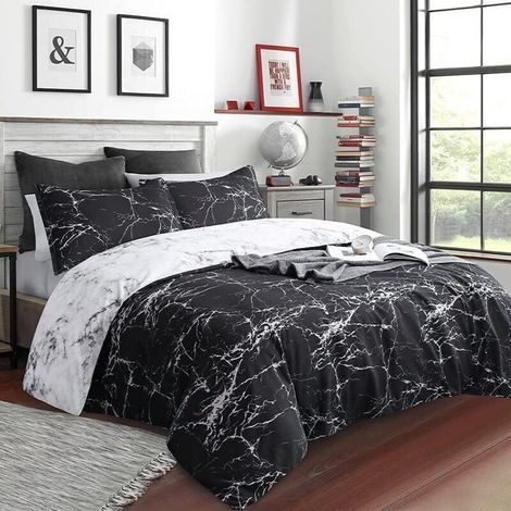 Duvet Cover 200x200cm + 2 Pillowcases 50x75cm - Reversible Black and White Marble Bedding Set for 2 Adults (1/5)