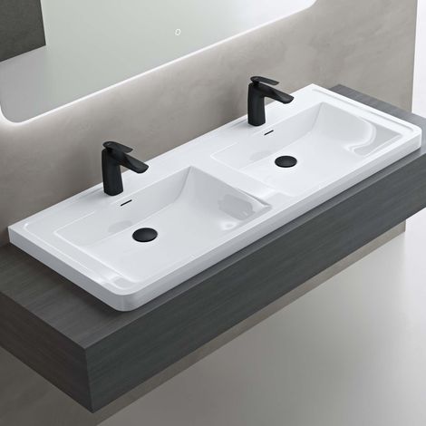 doporro Lavabo empotrado Baño Lavabo Rectangular Blanco Brillante Mármol Fundido con Recubrimiento de Nano 120x48x14,5 cm con Orificio para Grifo y Rebosadero Colossum08