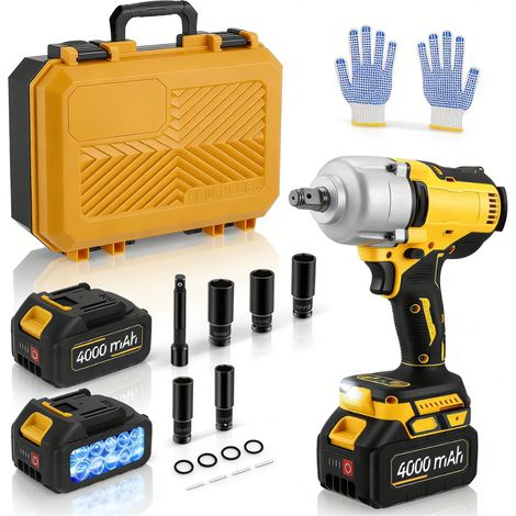 Clé à chocs sans fil 21V 1 000 Nm – Boulonneuse à moteur brushless 880 W, 3 vitesses avec LED, 2 batteries 4,0 Ah + chargeur rapide, 5 douilles (17-24 mm), coffret (1/5)