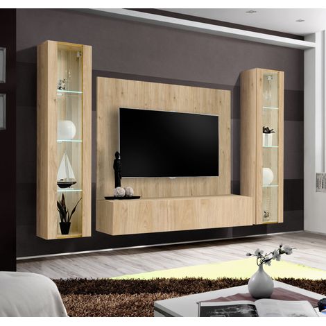 Ensemble meuble TV mural Fly A-P2 avec vitrine et éclairage LED - Bois MDF chêne Hickory Jackson - 240 x 170 x 40 cm - Livraison gratuite