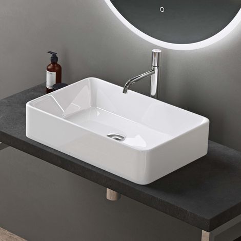 Doporro – Vasque à poser blanche 58x37x13,5 cm – Rectangulaire en céramique – Revêtement NANO Easy Clean – Lave mains sans trop-plein - Bruxelles105D
