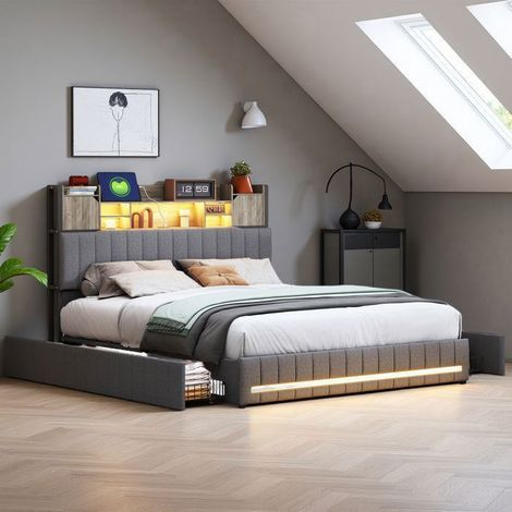 Letto matrimoniale 140x190 cm, 4 cassetti, LED e USB, Scandinavo, letto per adulti con rete, Lino, Grigio