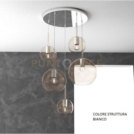 SOSP. BIANCO TONDA 5 LUCI VETRI (1 GRANDE+1 MEDIO+3 PICCOLO) TUTTI AMBRA 1155BI-S5 TMIX-AM