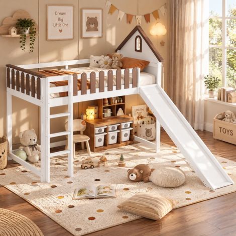 JOOKGBD-Lit Mezzanine en Bois 90×200cm pour Enfant et Adolescent, Style Maisonnette avec Toit et Fenêtre, Échelle Droite à 3 Marches, Toboggan Ludique, Garde-corps de Sécurité, Matelas Non Inclus (1/5)