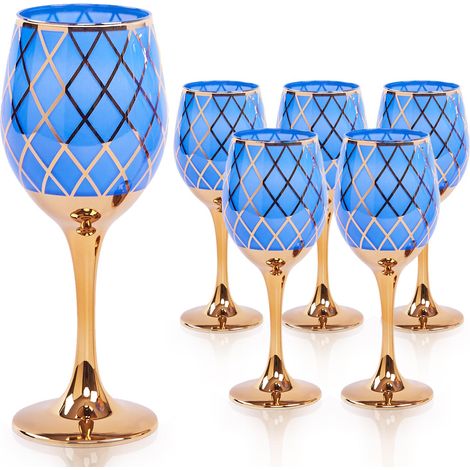 Lot de 6 verres à vin colorés à longue tige avec bord doré, verres à vin fantaisie pour anniversaire, mariage, pendaison de crémaillère (355 ml) (1/5)