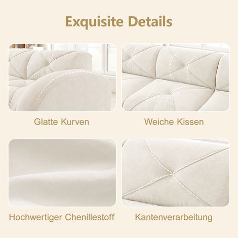 Canapé modulaire 2 places avec pouf, mousse haute densité 32D, tissu chenille anti-griffes, design antidérapant, blanc, pour salon moderne et cosy (1/5)