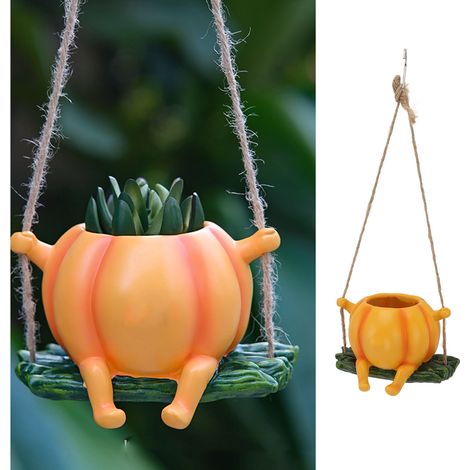 Maceta decorativa de resina con forma de cabeza de calabaza de Halloween: maceta colgante resistente a la intemperie para uso interior y exterior. (1/5)
