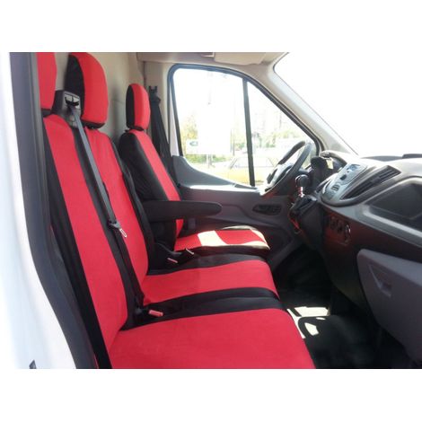 2+1-Set Sitzbezüge / Polsterung - für Ford Transit 2013+ mit Aussparung für den Griff der Doppelsitzbank - schwarz und rot