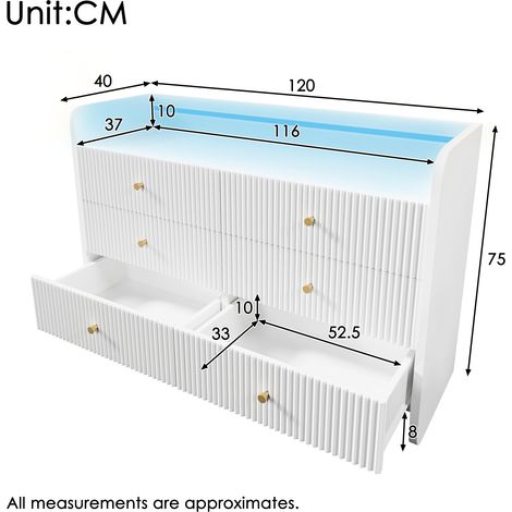Commode lumineuse LED 6 tiroirs, design cannelé ondulé, meuble contemporain pour chambre et salon, 120x40x75cm, blanc (1/4)