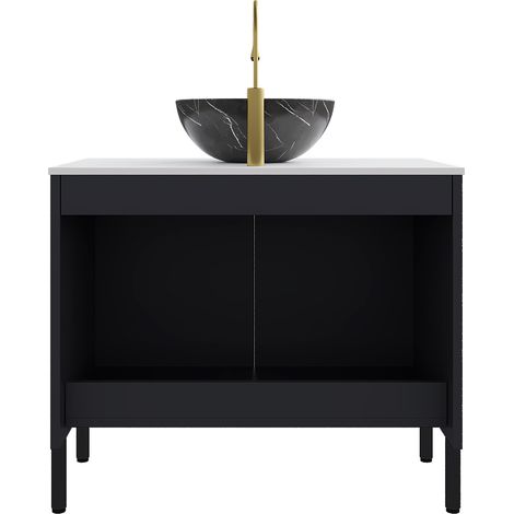 Meuble lavabo noir avec vasque en céramique à motif pierre, plan en pierre carrara blanche 76 cm, armoire rayée à double porte (1/5)