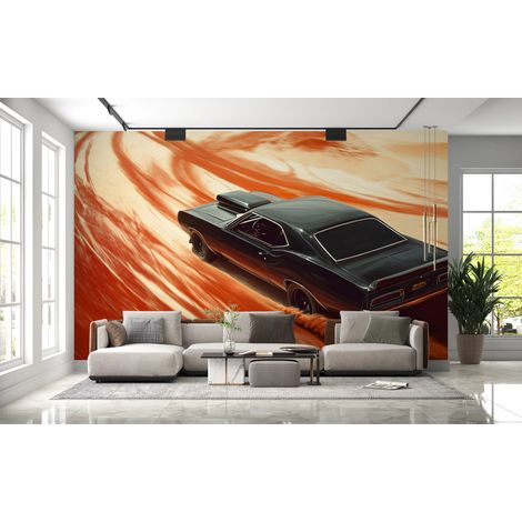 Papier peint voitures - coupé sport noir sur piste orange - 150 x 250 cm (1/2)