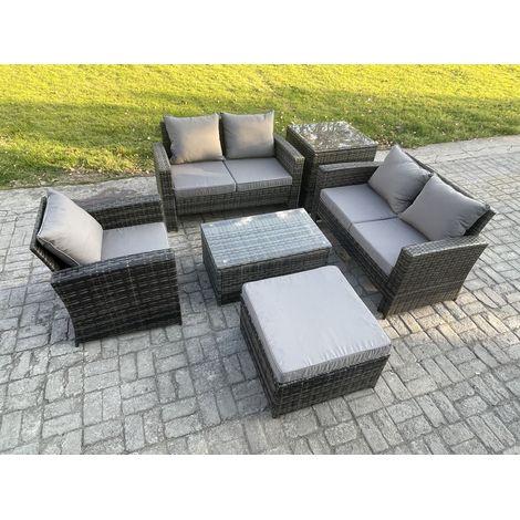 Fimous Wicker Rattan Garden Furniture Sofa Set with Rectangular Coffee Table Double Seat Sofa Chair Big Footstool Side Table 6 Seater Outdoor Rattan Set Dark Grey Mixed (1/5)