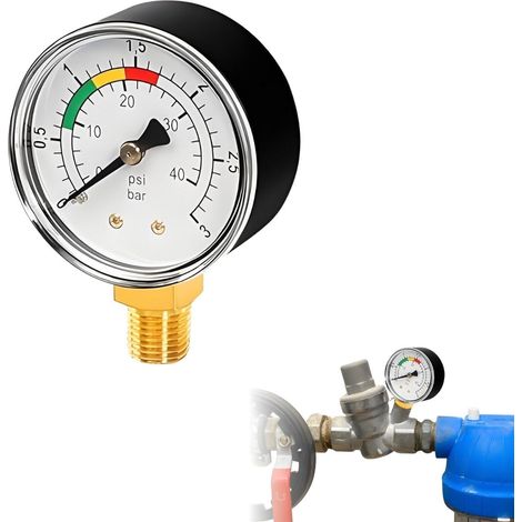 Manomètre de précision 0-3 Bar pour eau et gaz, raccord 1/4 BSPT, appareil de mesure de pression robuste pour piscine, étang à poissons et filtre à sable (1/5)