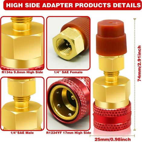 Adaptateurs R1234yf vers R134a, kit de coupleurs rapides Kit de recharge de réfrigérant R1234yf, adaptateurs côté haut/bas R134a vers R1234yf pour recharge d'évacuation du système de réfrigérant (1/5)